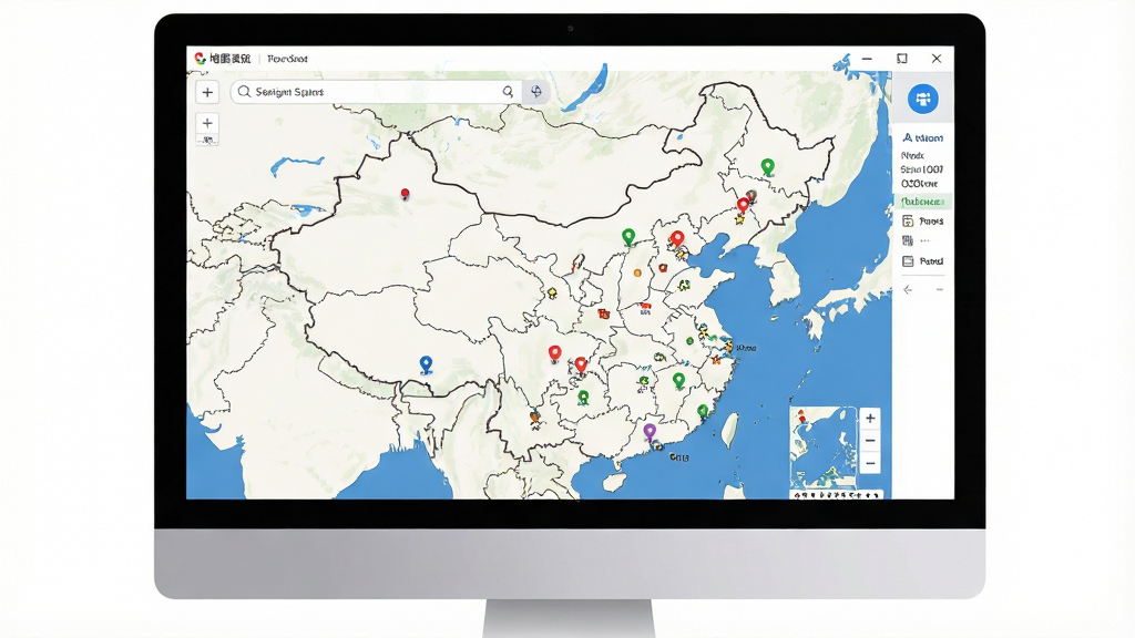 一张展示我要地图桌面版软件界面的全景图,画面主体为电脑屏幕中显示的中国地图高清视图,地图上有城市标记点和搜索框,布局居中,风格简洁现代,细节包括地图缩放控件和侧边工具栏,画质清晰,干净,无多余元素