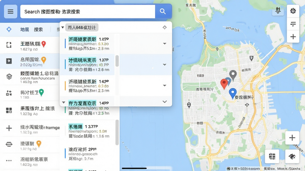 我要地图桌面版搜索功能界面截图,主体为搜索框输入关键词后弹出的结果列表和地图标记,布局左侧列表右侧地图,风格直观易用,细节包括高亮的关键词和定位图标,画质清晰,干净,无多余元素