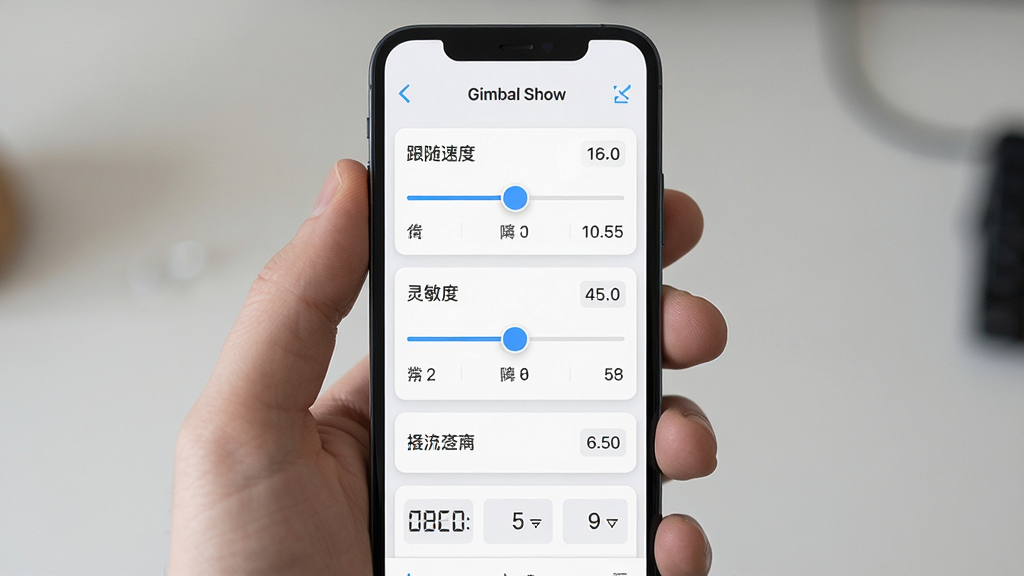 一张展示 Gimbal Show 参数调节界面的图片,主体为手机屏幕显示滑块和数值调节面板,布局为纵向排列的参数项,排版清晰,风格为简约浅色UI设计,细节包含跟随速度滑块、灵敏度调节条和数值显示框,画质高清,干净,无多余元素