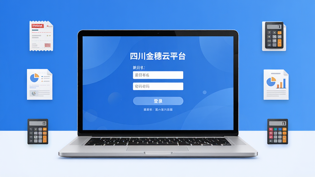 软件主界面全景展示,画面中央放置一台打开的笔记本电脑,屏幕中显示四川金穗云平台登录页面,页面包含用户名密码输入框与登录按钮,背景为简洁的蓝色渐变商务风格,周围环绕发票、报表、计算器等小型图标元素,整体布局居中对称,风格为扁平化商务科技风,细节清晰,画质干净,无多余元素