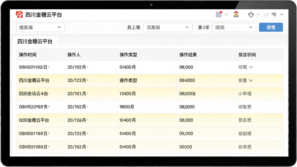 操作日志追溯界面展示,画面为四川金穗云平台的日志查询页面,表格中列有操作时间、操作人、操作类型、操作结果等字段,部分行用浅黄色高亮标注,页面顶部有搜索筛选栏,整体布局为典型的管理后台风格,配色以白色和浅灰色为主,画质清晰,无多余装饰元素