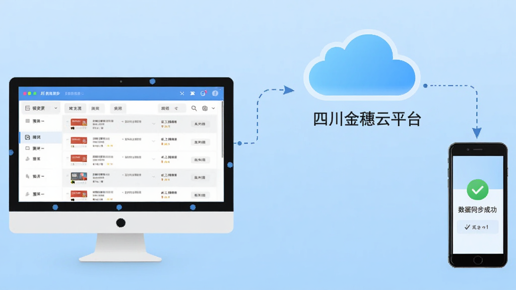 云端数据同步示意图,画面左侧为一台台式电脑,右侧为一部智能手机,中间用虚线箭头连接至一朵发光的云朵图标,云朵下方显示四川金穗云平台字样,电脑屏幕显示发票列表,手机屏幕显示数据同步成功提示,背景为浅蓝色渐变,风格为扁平化科技插画,画质清晰干净
