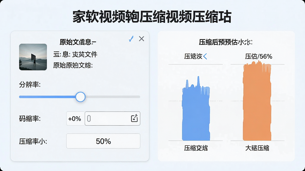 一张展示家软视频转换压缩视频压缩功能的图片,主体是压缩参数设置面板,布局为左侧原始文件信息、右侧压缩后预估大小对比,排版简洁,风格为清爽浅色系,细节包括分辨率调节滑块、码率输入框、压缩率百分比显示,画质高清,干净无多余元素