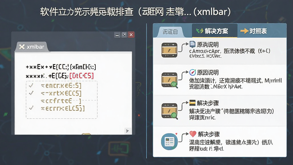 软件问题排查示意图,主体为土豆网视频下载(xmlbar)常见错误提示窗口与解决方案对照表,布局为左右分栏结构,排版规整,风格为信息图表风格,细节包含错误代码、原因说明、解决步骤图标,画质高清,画面干净,无多余元素