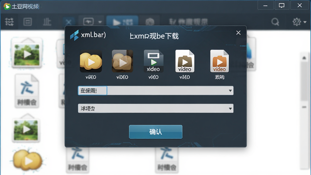 软件功能展示图,主体为土豆网视频下载(xmlbar)的格式选择界面,布局为居中弹窗式设计,排版整齐,风格为科技感软件界面,细节包含多种视频格式图标、清晰度选项、确认按钮,画质高清,画面干净,无多余元素