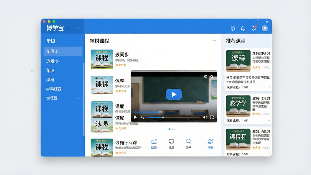 一张展示博学宝软件主界面的全景图,画面中央是打开的学习软件窗口,窗口内显示教材同步课程列表与视频播放区域,左侧是年级与学科选择栏,右侧是推荐课程卡片,整体布局清晰有序,风格采用现代教育软件界面设计,配色以蓝白为主,细节包括课程封面缩略图、学习进度条、功能图标,画质高清,界面干净,无多余元素