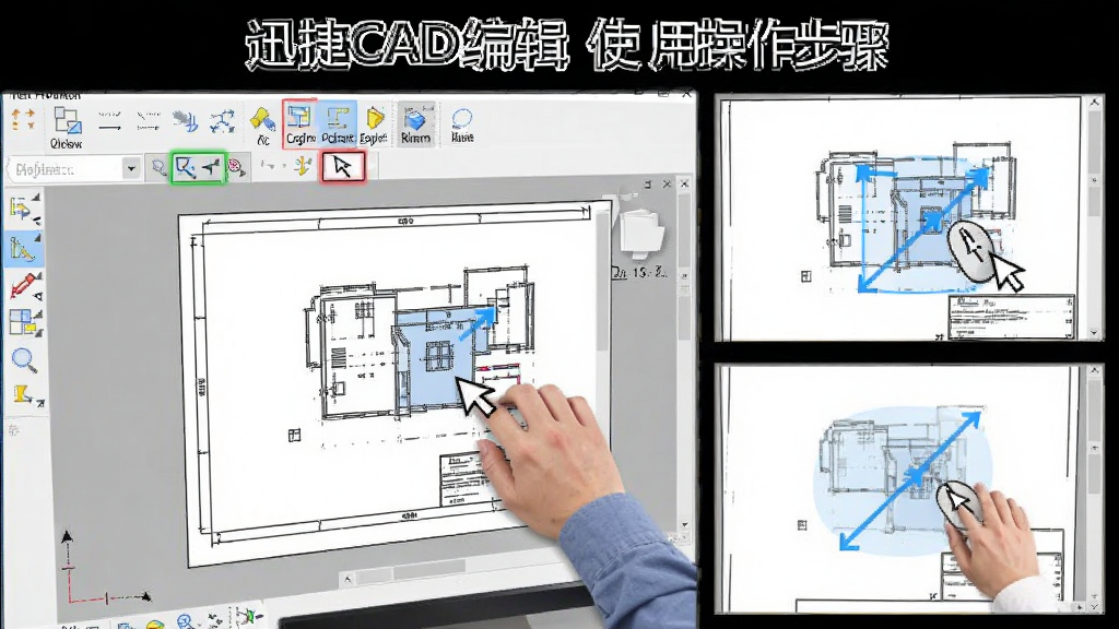 一张展示迅捷CAD编辑器使用操作步骤的图片,画面主体为软件界面中用户正在执行打开图纸和缩放操作的场景,布局为操作步骤分步展示,风格为教程图解风格,细节包括鼠标点击位置标注、工具栏高亮显示和图纸缩放效果,画质清晰干净无多余元素