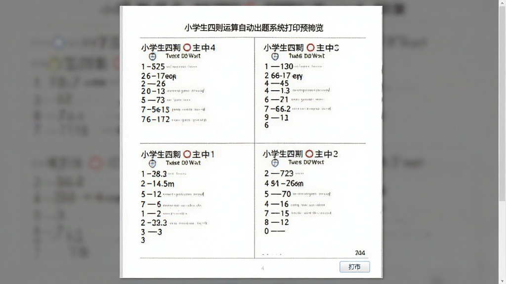 小学生四则运算自动出题系统打印预览界面,主体为A4纸张样式的题目排版,布局为上下分栏题目区域,排版工整,风格为文档打印预览,细节包含打印按钮和页码,画质高清,干净,无多余元素