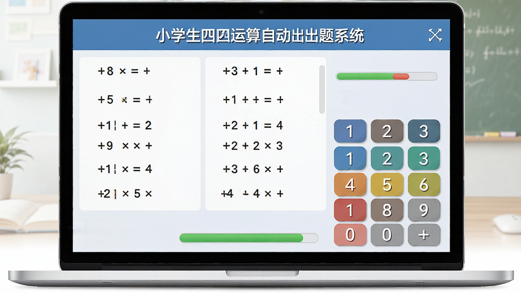 小学生四则运算自动出题系统软件主界面,主体为一台打开的笔记本电脑屏幕,屏幕上显示着整齐的数学加减乘除题目列表和数字键盘,布局简洁清晰,排版为上下结构上方标题下方题目区域,风格为现代教育软件界面,细节包含彩色数字按钮和进度条,画质高清,干净,无多余元素