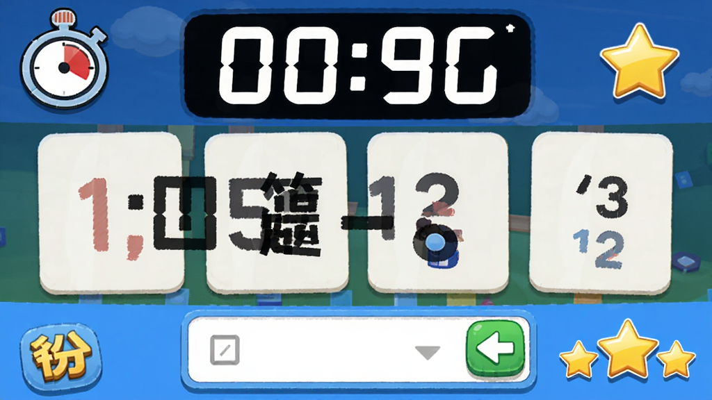 小学生四则运算自动出题系统计时挑战模式界面,主体为倒计时数字与题目卡片,布局为居中大字体题目下方答题框,排版紧凑,风格为游戏化学习界面,细节包含秒表图标和得分星星,画质清晰,干净,无多余元素