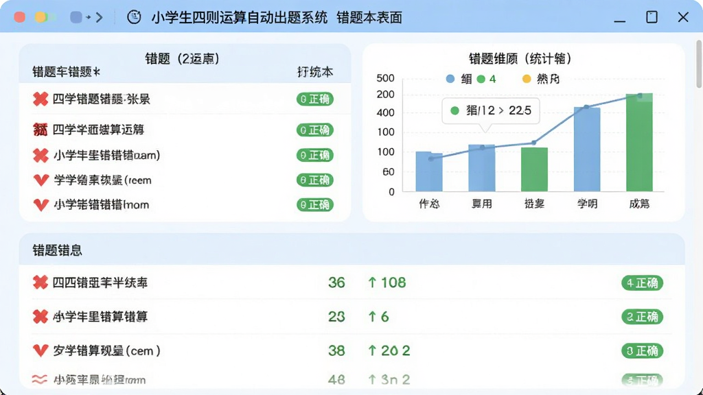 小学生四则运算自动出题系统错题本界面,主体为错题列表与统计图表,布局为上方图表下方题目列表,排版清晰,风格为清爽学习工具,细节包含红色错题标记和绿色正确标记,画质高清,干净,无多余元素