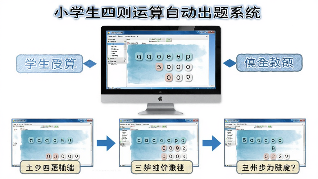 小学生四则运算自动出题系统使用教程示意图,主体为电脑屏幕显示软件操作步骤,布局为分步截图排列,排版为从上到下流程式,风格为教学指引图,细节包含箭头标注和文字说明框,画质清晰,干净,无多余元素