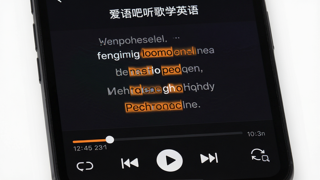 手机屏幕特写,展示“爱语吧听歌学英语”的歌词界面,中英文歌词上下对照排列,部分英文单词用橙色高亮标注,屏幕下方有播放进度条和控制按钮,背景是深色模式,风格简洁科技感,细节包含时间轴、循环图标、收藏按钮,画质高清,干净无多余元素
