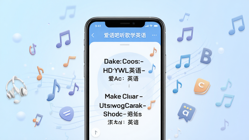 画面中央是一部智能手机,手机屏幕上显示着“爱语吧听歌学英语”的软件界面,界面中有英文歌词和中文翻译对照,周围漂浮着音符和英文字母图标,背景是柔和的淡蓝色渐变,风格清新现代,细节包含耳机、音符、英文字母等学习元素,画质为高清4K,干净整洁,无多余杂乱元素