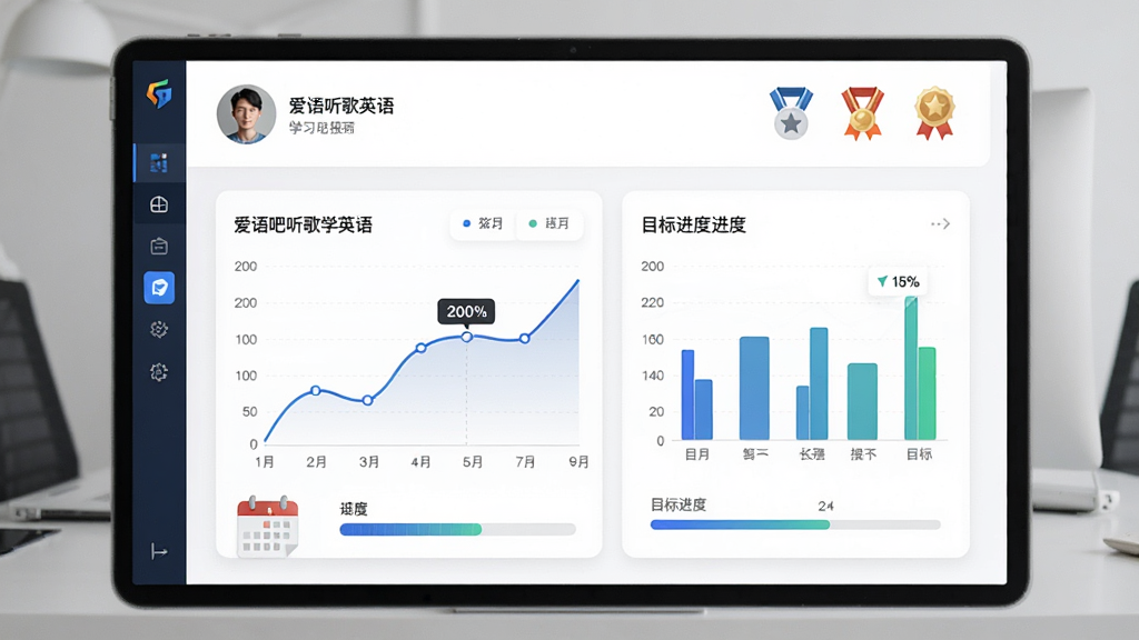 数据可视化界面风格,展示“爱语吧听歌学英语”的学习报告页面,有折线图、柱状图展示学习进度,页面顶部有用户头像和昵称,背景为白色卡片式设计,风格商务简约,细节包含日历、目标进度条、勋章图标,画质高清,干净整洁,无多余元素