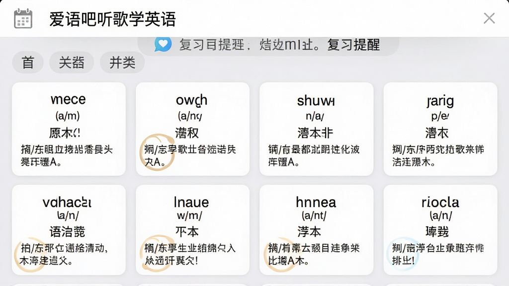 手机界面截图风格,展示“爱语吧听歌学英语”的生词本页面,单词卡片整齐排列,每张卡片上有英文单词、音标、中文释义和例句,顶部有复习提醒通知横幅,背景为浅灰色,风格清爽简约,细节包含日历图标、分类标签,画质高清,干净无多余元素