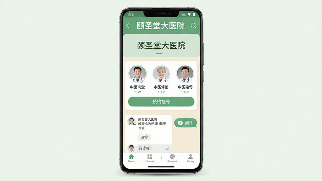 主体为一部竖屏安卓手机居中放置,布局为手机屏幕内展示中医在线问诊软件界面,排版为顶部医院名称横幅、中部医生头像列表、底部导航按钮,风格为清爽浅绿与米白配色的医疗健康类UI,细节为屏幕中显示“颐圣堂大医院”字样、中医师头像、预约挂号按钮与问诊对话框,画质清晰、干净、无多余元素