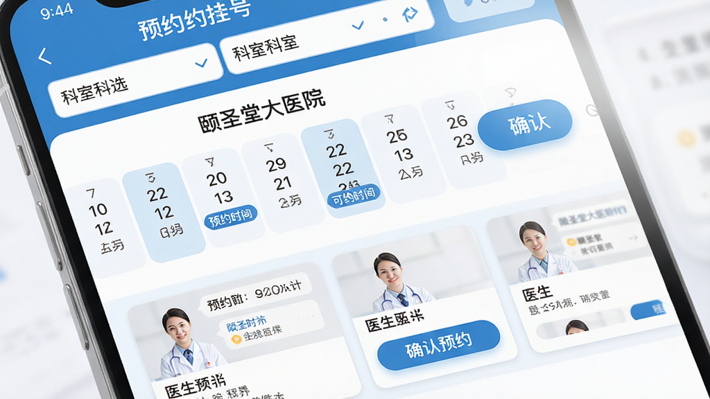 主体为手机界面展示预约挂号日历,布局为顶部科室筛选栏、中部日期横向滑动条、底部医生卡片列表,排版整齐,风格为简约蓝白医疗风,细节为界面中出现“颐圣堂大医院”名称、可预约时间段标签与确认预约按钮,画质清晰、干净、无多余元素
