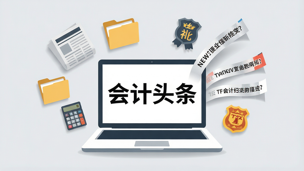 一幅扁平化插画,画面中央是一台打开的笔记本电脑,屏幕上显示“会计头条”四个大字,电脑周围漂浮着报纸、文件夹、计算器和税徽等图标,一条条新闻标题从屏幕中飞出。布局采用中心辐射式,背景为淡灰色,风格现代办公,细节包括清晰的图标轮廓和柔和的投影,画质干净明亮,无多余装饰。