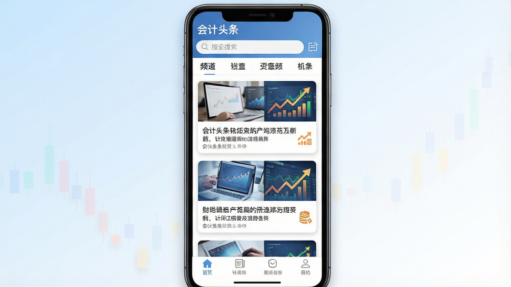 一张手机应用界面展示图,主体是一部竖屏智能手机,屏幕上显示着“会计头条”的资讯首页,页面顶部有搜索栏和频道分类标签,中间是图文并茂的财税新闻卡片列表,底部有导航菜单栏。布局居中,背景为浅蓝到白色的渐变,风格简洁商务,细节包括清晰的文字标题、财经图标和柔和的阴影,画质高清,画面干净,无多余元素。