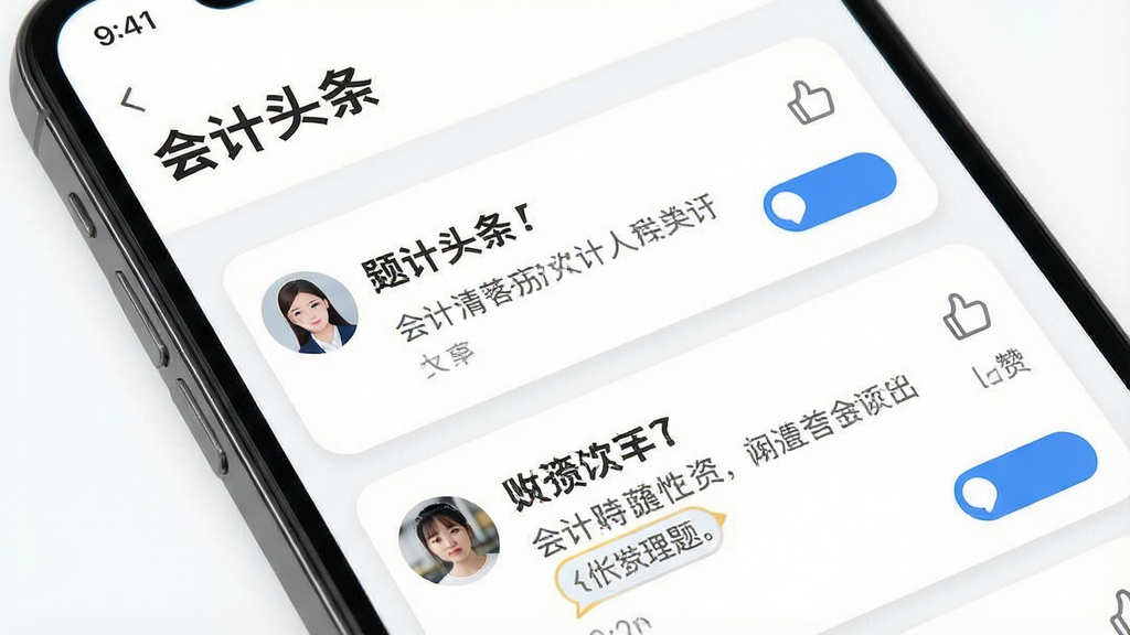一张手机屏幕特写图,画面中“会计头条”应用的问答页面清晰可见,问题标题和回答内容以卡片形式排列,旁边有用户头像和点赞图标。布局为上下结构,背景为纯白色,风格清爽简约,细节包括圆角卡片、浅灰色分割线和蓝色强调按钮,画质细腻,画面干净,无多余元素。
