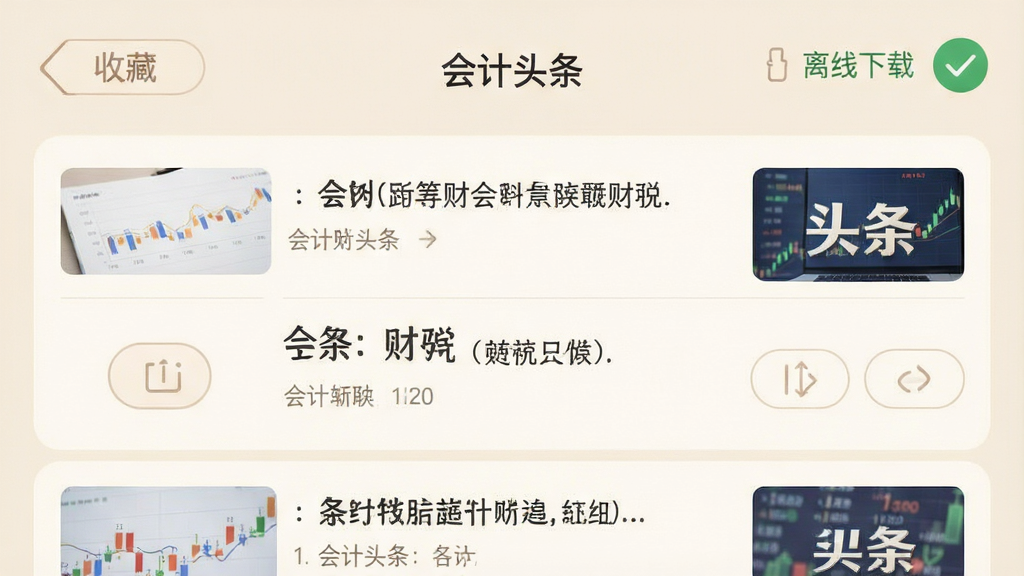 一张手机应用截图,画面显示“会计头条”的收藏夹页面,列表中排列着多篇财税文章标题和缩略图,右上角有离线下载完成的绿色对勾图标。布局为纵向列表,背景为浅米色,风格柔和护眼,细节包括清晰的字体层级、细边框和柔和的按钮,画质高清,画面干净,无多余元素。