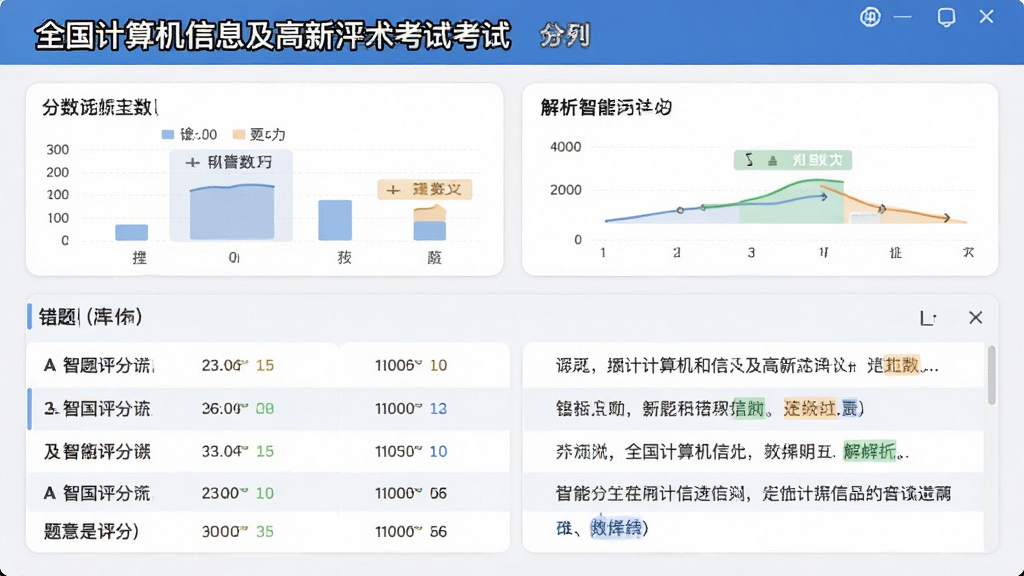 全国计算机信息及高新技术考试 智能评分报告界面 布局为上方分数汇总下方错题列表 排版分栏清晰 风格现代简约 细节包含分数图表和解析文字 画质清晰 干净 无多余元素