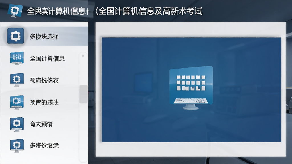 全国计算机信息及高新技术考试 多模块选择界面 布局为左侧目录右侧预览 排版清晰 风格简洁商务 细节包含模块图标和文字标签 画质清晰 干净 无多余元素