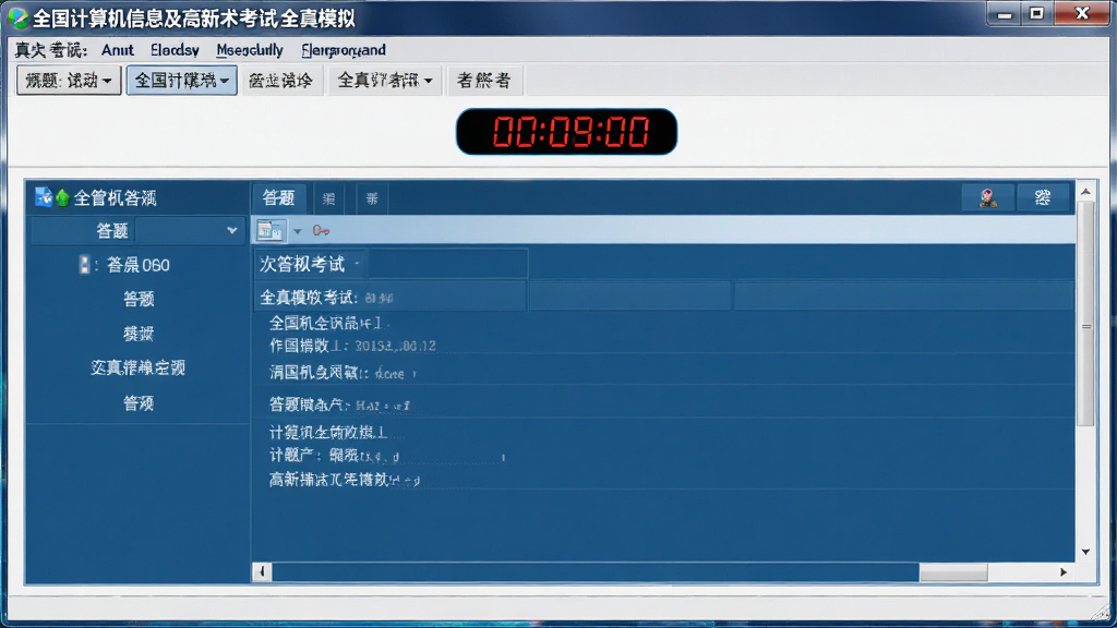 全国计算机信息及高新技术考试 全真模拟考试界面 布局为全屏考试窗口 排版模拟真实考试系统 风格严肃规范 细节包含倒计时和答题区域 画质清晰 干净 无多余元素