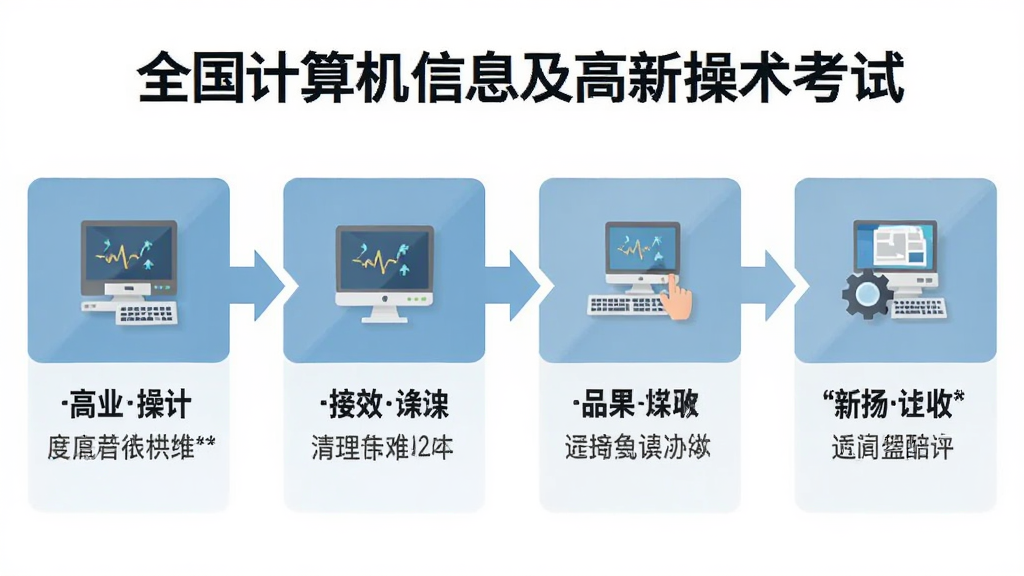 全国计算机信息及高新技术考试 使用操作流程图 布局为步骤式横向排列 排版清晰有序 风格扁平化设计 细节包含图标和文字说明 画质清晰 干净 无多余元素