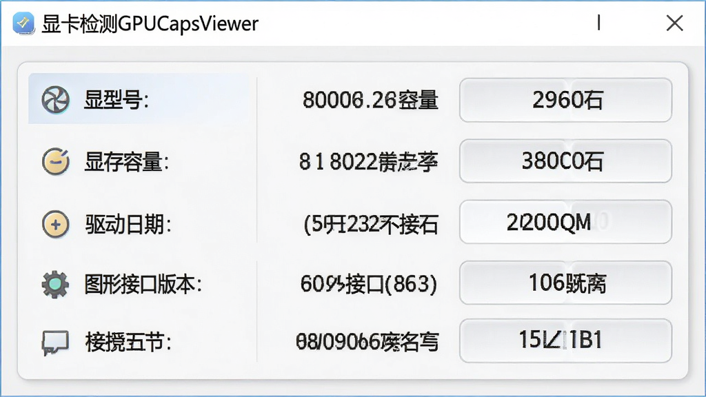 һ�����������ͼ����ͼƬ�������ǡ��Կ����GPUCapsViewer������Ϣ��壬����Ϸ�����ʾ�Կ��ͺš��Դ��������������ڡ�ͼ�νӿڰ汾����Ŀ������Ϊ�����������������Ŀ���ƣ��Ҳ��Ƕ�Ӧ��ֵ�����Ϊ��ˬǳɫ�Ƽ��磬ϸ�ڰ���ͼ���׺�������������߿���ͣ����ʸ��壬�ɾ����޶���Ԫ��