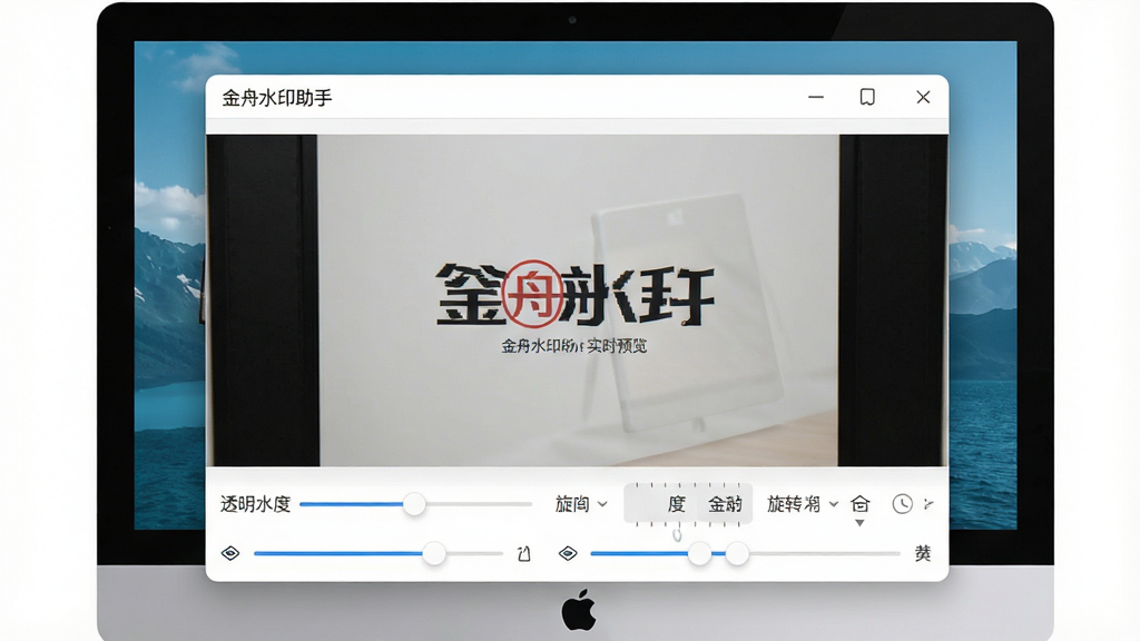 一张展示金舟水印助手实时预览功能的图片,主体为电脑屏幕中软件预览窗口,布局为中央大图预览、底部参数滑块,排版简洁,风格为现代软件界面,细节包括水印透明度滑块、旋转角度刻度、实时刷新的图片效果,画质清晰,干净,无多余元素