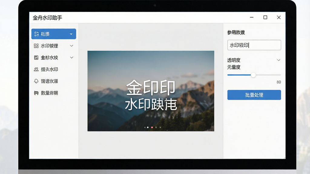 一张展示金舟水印助手软件界面的图片,主体为电脑屏幕中打开的软件窗口,布局为左侧功能菜单、中部图片预览区、右侧参数调节面板,排版整齐清晰,风格为现代简约的办公软件界面,细节包括水印文字输入框、透明度滑块、批量处理按钮,画质高清,干净,无多余元素