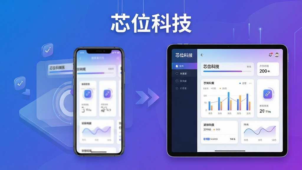 画面主体为一部手机与一台平板并排摆放,两台设备屏幕均显示芯位科技学习档案界面,数据图表相互呼应;布局采用左右对称构图,中间用同步箭头连接;排版简洁,顶部悬浮“芯位科技”文字;风格为现代科技风,蓝紫渐变点缀;细节包含进度条、数据卡片、同步图标;画质高清,画面干净,无多余元素。