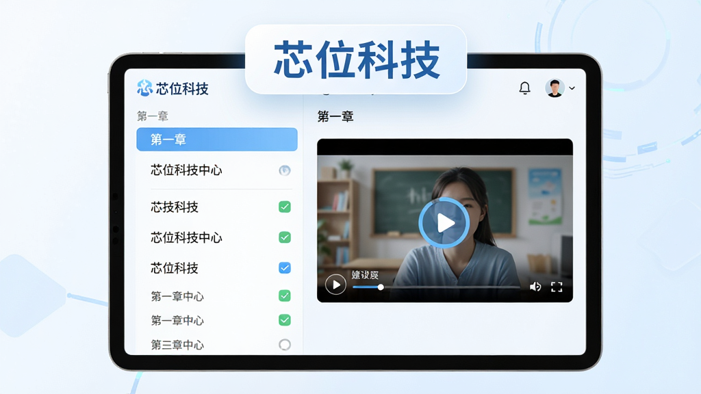 画面主体为一部横屏平板设备,屏幕中展示芯位科技课程学习中心界面,左侧为章节列表,右侧为视频播放区域;布局采用左右分栏,画面上方悬浮“芯位科技”字样;排版整齐,信息层级分明;风格为清爽教育科技风,浅蓝与白色为主;细节包含进度圆环、播放按钮、章节勾选状态;画质高清,画面干净,无多余元素。