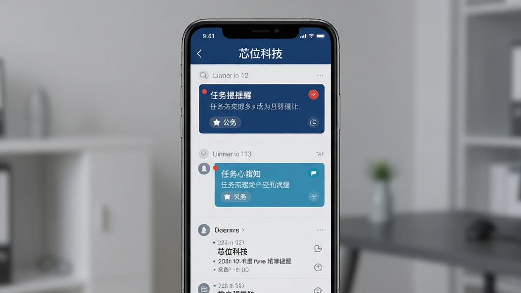 画面主体为一部竖屏手机,屏幕中展示芯位科技消息通知中心界面,包含任务提醒卡片与公告列表;布局采用上下结构,顶部为标题栏,中部为消息流;排版清晰,重点信息用色块突出;风格为简约商务风,深蓝与浅灰搭配;细节包含未读圆点、时间标签、图标分类;画质高清,画面干净,无多余元素。
