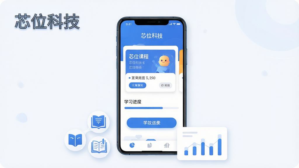 画面主体为一部竖屏安卓手机,屏幕中央显示芯位科技应用首页界面,包含课程卡片与学习进度条;布局采用居中构图,手机下方放置若干学习图标与数据图表;排版简洁清晰,顶部留出软件名称“芯位科技”文字;风格为现代扁平化科技风,蓝白配色;细节包含柔和阴影、圆角按钮、细腻的图标描边;画质高清,画面干净,无多余元素。