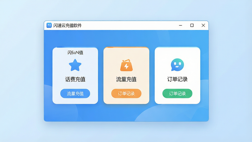 一张展示闪速云充值软件主界面的图片,画面中央是软件窗口,窗口内显示话费充值、流量充值、订单记录三个主要功能卡片,背景是干净的浅蓝色渐变,风格简洁现代,细节包括按钮圆角、图标清晰、文字标注“闪速云充值软件”,画质高清,干净,无多余元素