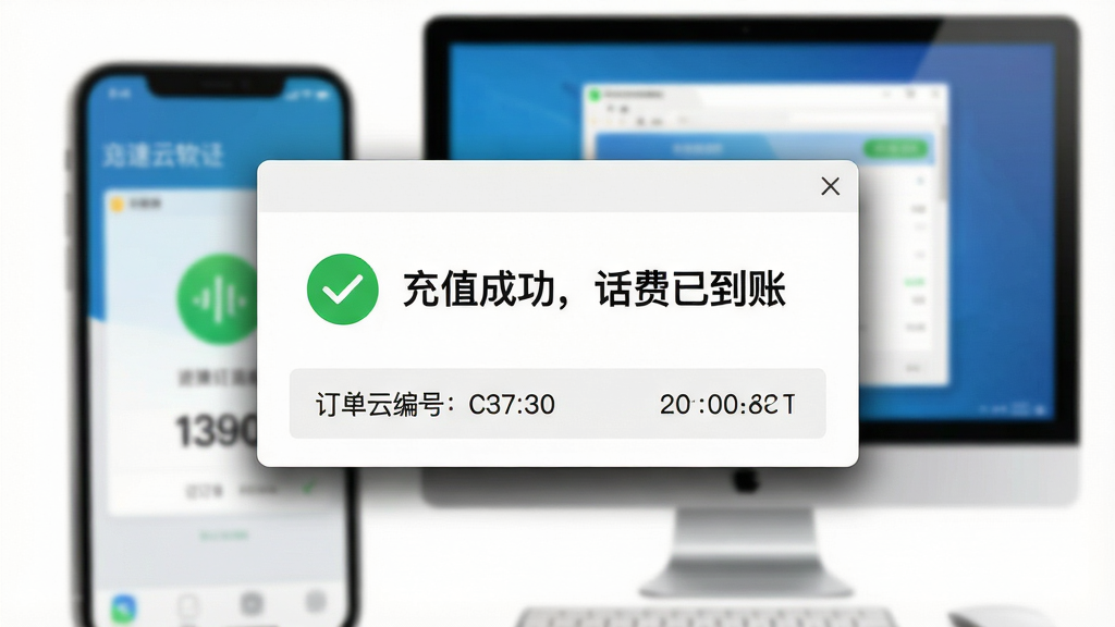 一张展示闪速云充值软件实时到账通知功能的图片,画面中央是软件弹窗,弹窗内显示“充值成功,话费已到账”字样,下方有订单编号和时间,背景是手机和电脑屏幕,风格写实,细节包括弹窗阴影、文字清晰、图标绿色对勾,画质高清,干净,无多余元素