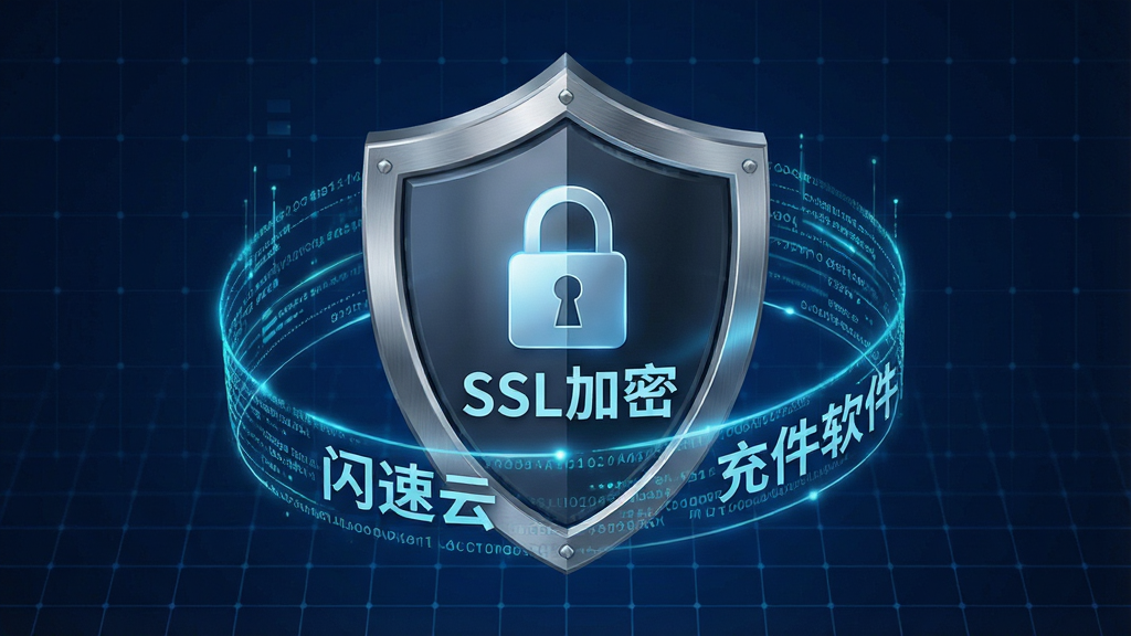 一张展示闪速云充值软件安全加密功能的图片,画面中央是一个盾牌图标,盾牌内显示锁和“SSL加密”字样,周围环绕数据流线条,背景是深蓝色科技感网格,风格安全可信,细节包括盾牌金属质感、线条发光、文字标注“闪速云充值软件”,画质高清,干净,无多余元素