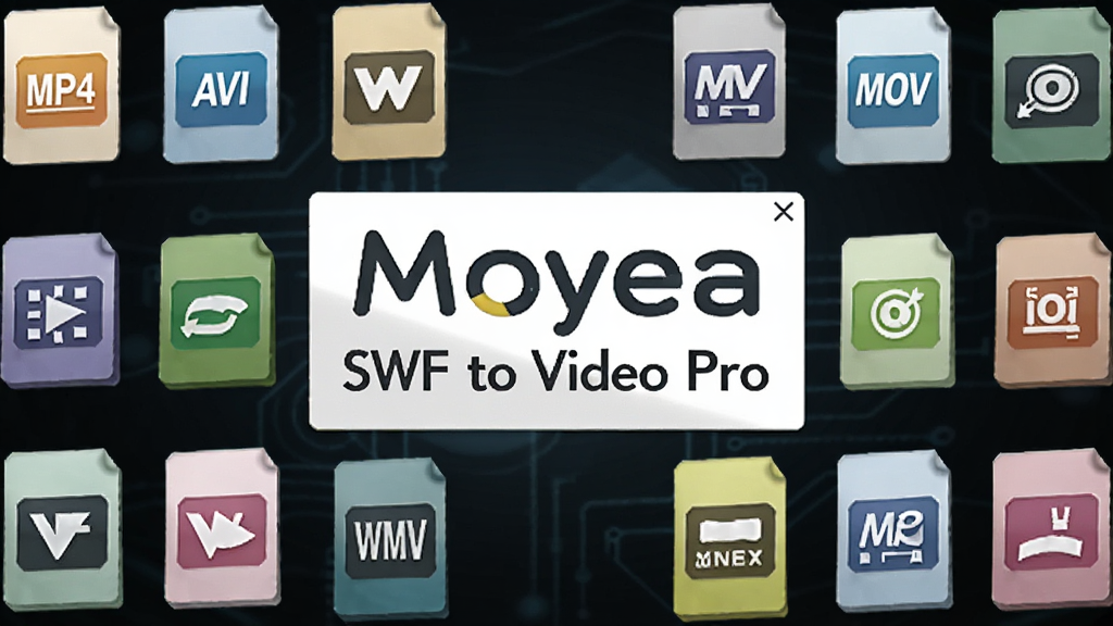 ��������չʾ Moyea SWF to Video Pro �������Ʊ�ʶ����Χ���ƶ�����Ƶ��ʽͼ���� MP4��AVI��WMV��MOV �ȣ�ͼ�������忨Ƭ��ʽ���У�����Ϊ��ɫ�Ƽ��н��䣬������ͣ�������ִ������ʸ��壬�ɾ����޶���Ԫ��