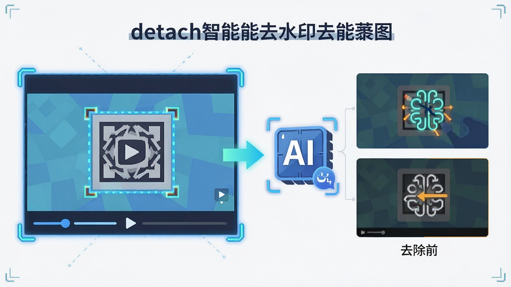 一张展示detachvideo智能去水印功能的示意图,画面中一个视频画面被框选出水印区域,旁边有AI识别标志和去除前后的对比效果,风格为科技感扁平插画,细节包括高亮选框和箭头指示,画质清晰,干净,无多余元素
