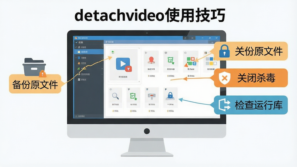 一张展示detachvideo使用技巧的示意图,画面中电脑屏幕上显示软件操作界面,旁边有提示标签标注