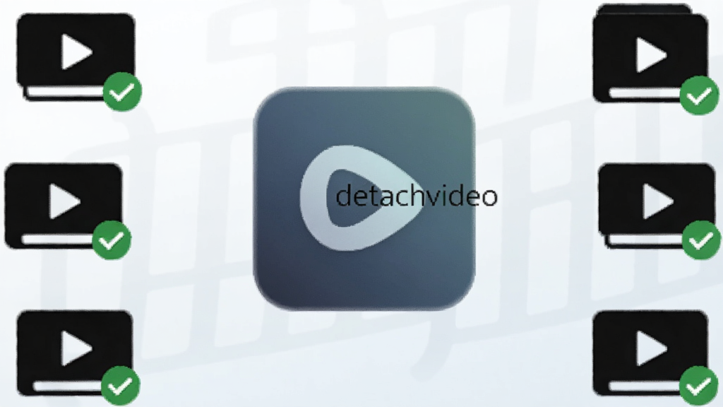 一张展示detachvideo多格式兼容特性的图片,画面中多个视频格式图标围绕软件Logo排列,背景为浅色渐变,风格为简洁商务风,细节包括格式图标和勾选标记,画质高清,干净,无多余元素