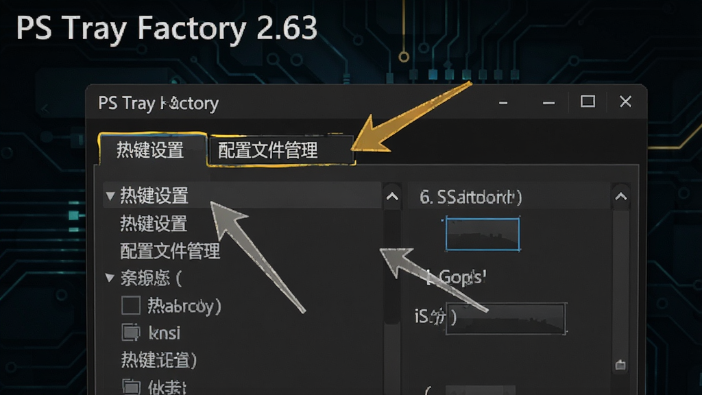һ�ŵ�����Ļ��дͼ������չʾ PS Tray Factory 2.63 ��������壬����и�����ʾ���ȼ����á��͡������ļ�����������ѡ�����Χ�м�ͷ��ע�������裬����Ϊ��ɫ�Ƽ����ϸ����ͻ���������ơ�PS Tray Factory 2.63������������������ɾ����޶���Ԫ��