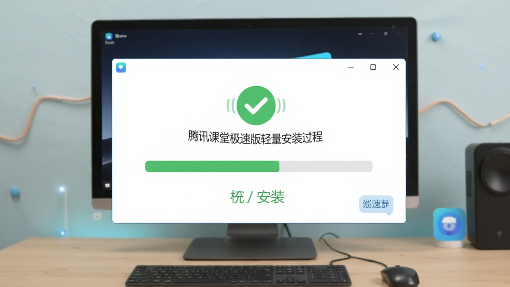 一张展示腾讯课堂极速版轻量安装过程的图片,主体为电脑桌面上的安装进度条与软件图标,布局为居中显示安装完成提示,排版简洁,风格为扁平化科技风,细节包含绿色对勾图标、极速安装字样,画质清晰干净无多余元素