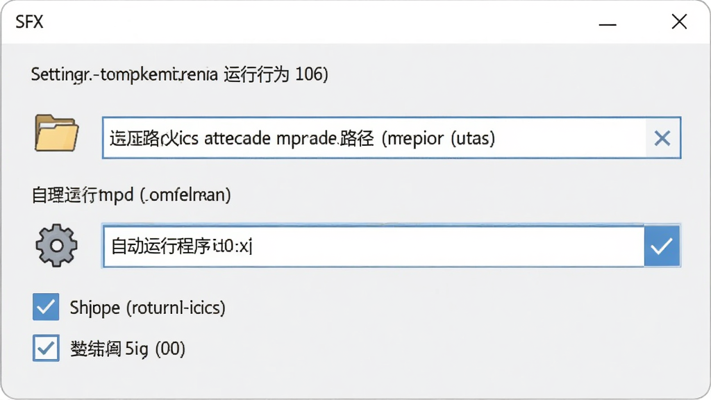 Make SFX 软件中自定义解压路径与运行行为设置面板,画面展示路径选择框、自动运行程序输入栏、复选框选项,主体为设置界面,布局规整,风格简约浅色,细节包含文件夹图标、齿轮图标、勾选标记,画质高清,界面干净,无多余元素