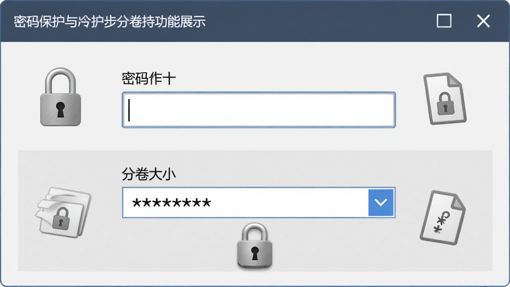 Make SFX 软件中密码保护与分卷支持功能展示,画面展示密码输入框、分卷大小选择下拉菜单、锁形图标,主体为安全设置界面,布局对称,风格稳重商务,细节包含加密锁、分卷文件图标、密码星号,画质清晰,画面干净,无多余元素