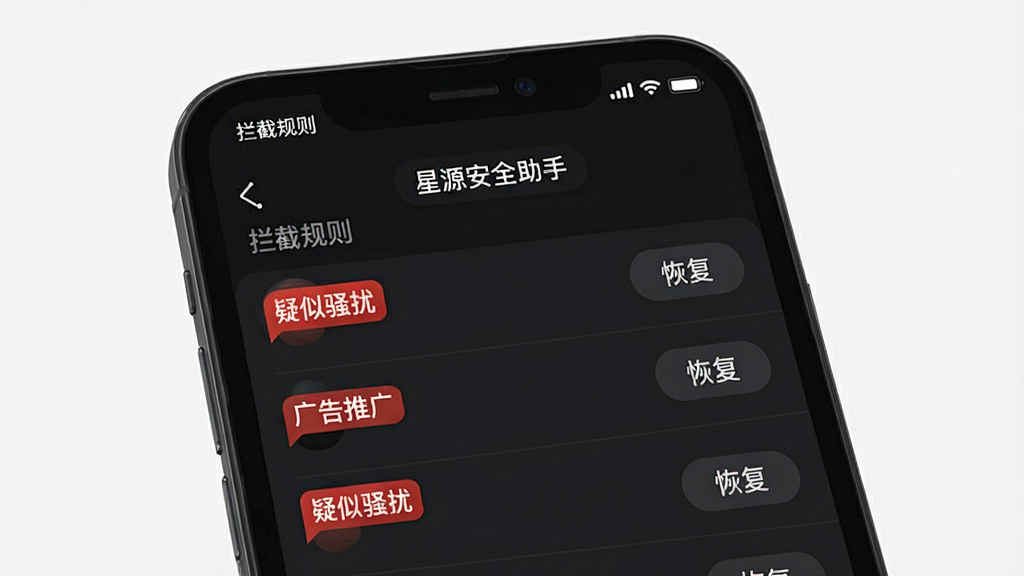 一部手机屏幕特写,显示“星源安全助手”的骚扰拦截记录页面,列表中用红色标签标注“疑似骚扰”“广告推广”等分类,每条记录右侧有“恢复”按钮。屏幕上方有“拦截规则”设置入口。背景为深色模式界面,文字对比清晰,图标精致。整体风格为现代UI设计展示,排版整齐,画质干净,无多余元素。