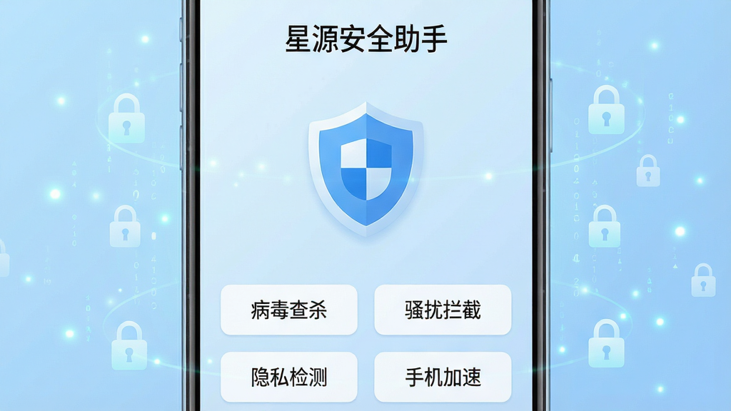 一张展示安卓手机屏幕的正面视图,屏幕上显示“星源安全助手”主界面,界面中央有一个醒目的盾牌图标,盾牌下方排列着“病毒查杀”“骚扰拦截”“隐私检测”“手机加速”四个功能入口按钮。背景为干净的浅蓝色渐变,手机周围环绕着微弱的数字光点与锁形图标,象征安全防护。整体风格为扁平化科技感,色彩清新明亮,排版居中对称,细节清晰,画质干净,无多余元素。